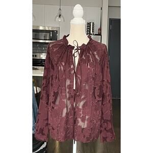 Dorothee Schumacher Burgundy Silk Lace Sheer Romance Tie Neck Blouse Top 4 $800